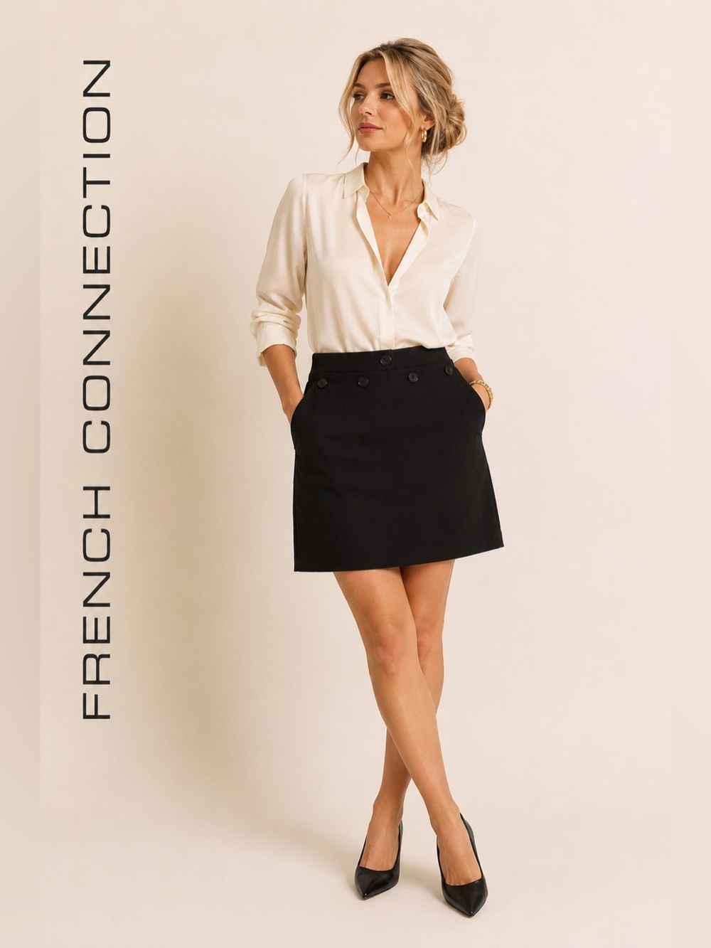 FRENCH CONNECTION Women’s Black Button Detail Mini Skirt Size 2 Preppy